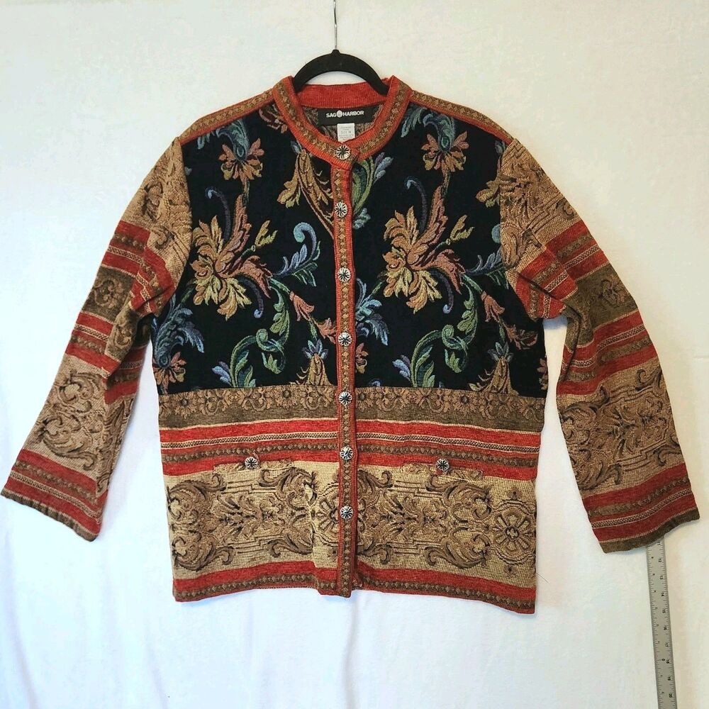 Vintage Sag Harbor Women's 18 Floral Tapestry Jacket Boho Black Tan Gold Red